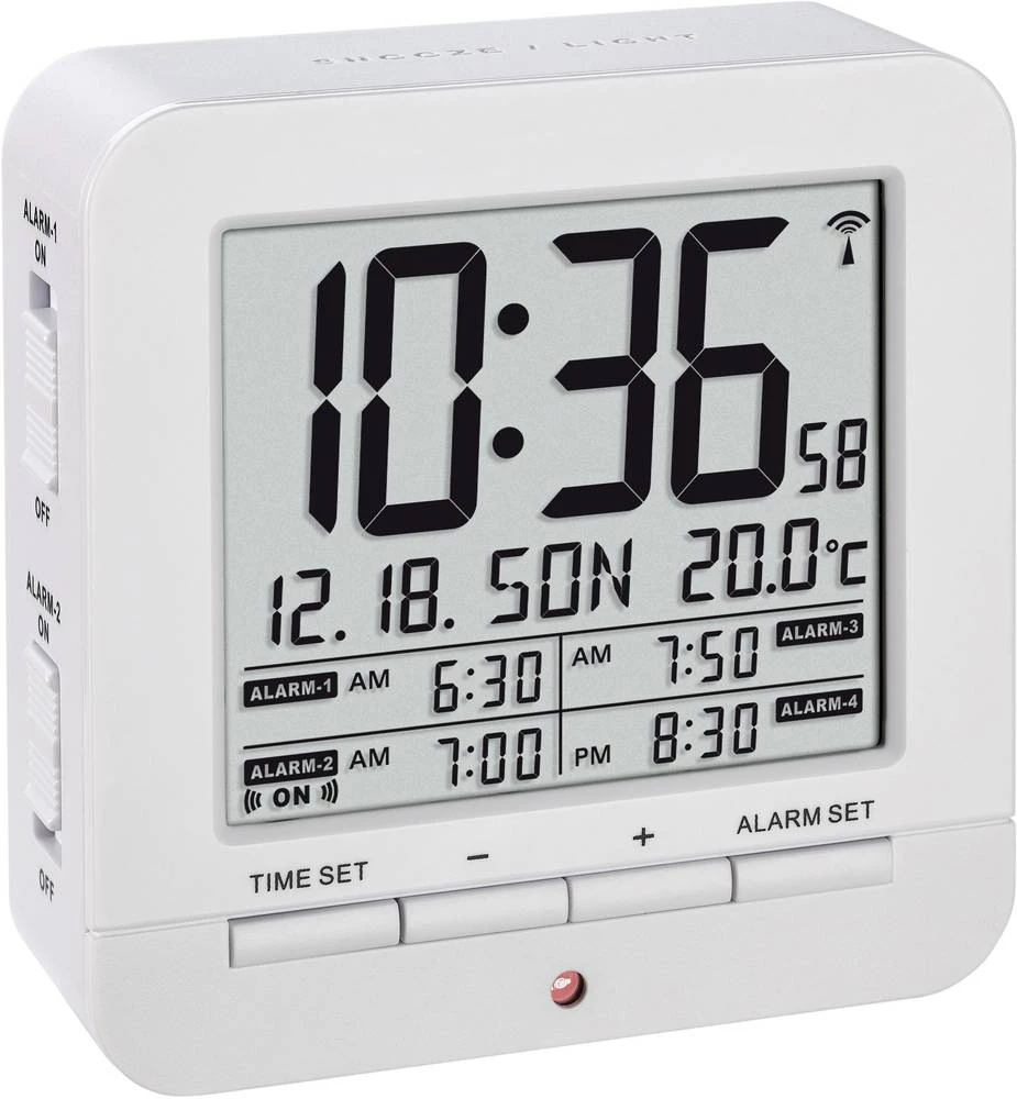 TFA 60.2536.02 radijski kontrolirana budilica, bijele boje, broj alarmnih vremena 4 slika