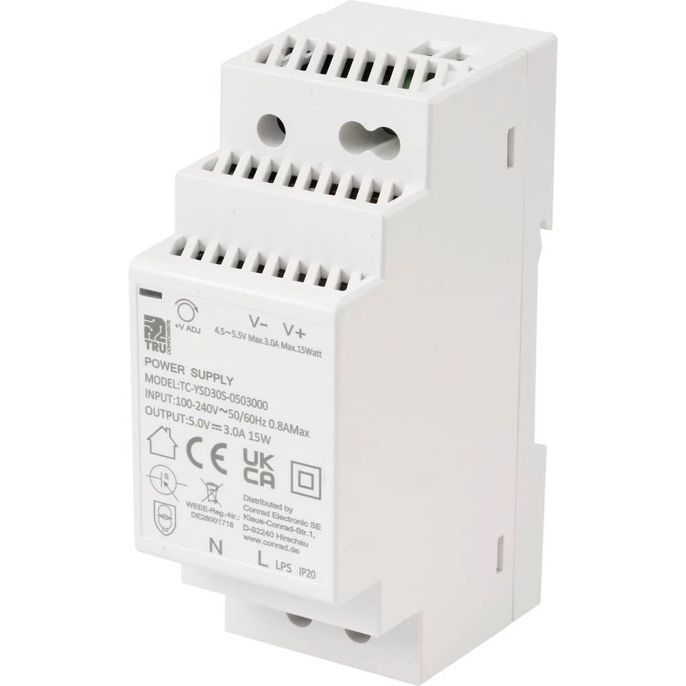 TRU COMPONENTS TC-13713368 DIN-napajanje (DIN-letva) Potrošnja (standby) 0.3 W 5 V/DC 3 A 15 W Broj izlaza:1 x Content 1 slika