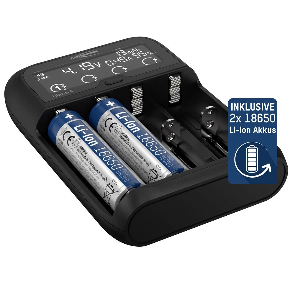 Ansmann Lithium 4 Universalladegerät mit 2x 18650 Akkuzellen (2600mAh) punjač litijev-ionski, LiFePO4, nikalj-metal-hidr slika