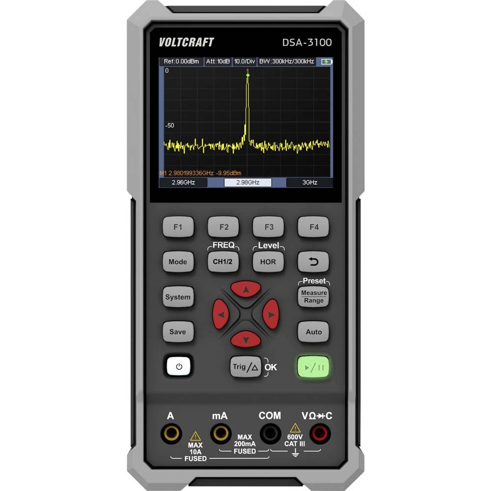VOLTCRAFT DSA-3100 ručni osciloskop 100 MHz 2-kanalni 500 MSa/s 8 kpts 8 Bit ručni uređaj, multimetar-funkcije, spektral slika