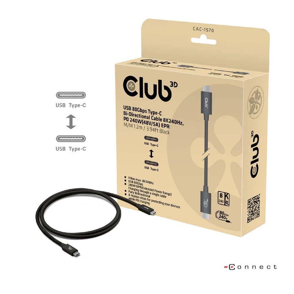 club3D USB-C kabel USB 4.0 USB-C® utikač 1.20 m crna CAC-1570 slika