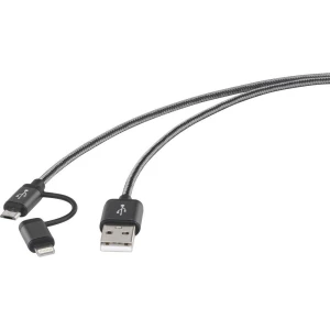 Podatkovni/kabel za punjenje za iPhone/iPod/iPad [1x USB 2.0 utikač A - 1x USB 2.0 utikač mikro-B, Apple Dock utikač Lightning] renkforce 1 m, tamnosiva slika
