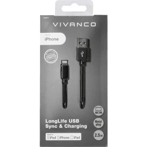 Vivanco USB 2.0 Priključni kabel [1x Muški konektor USB - 1x Muški konektor Apple Dock Lightning] 2.5 m Crna Oplaštenje od tekst slika