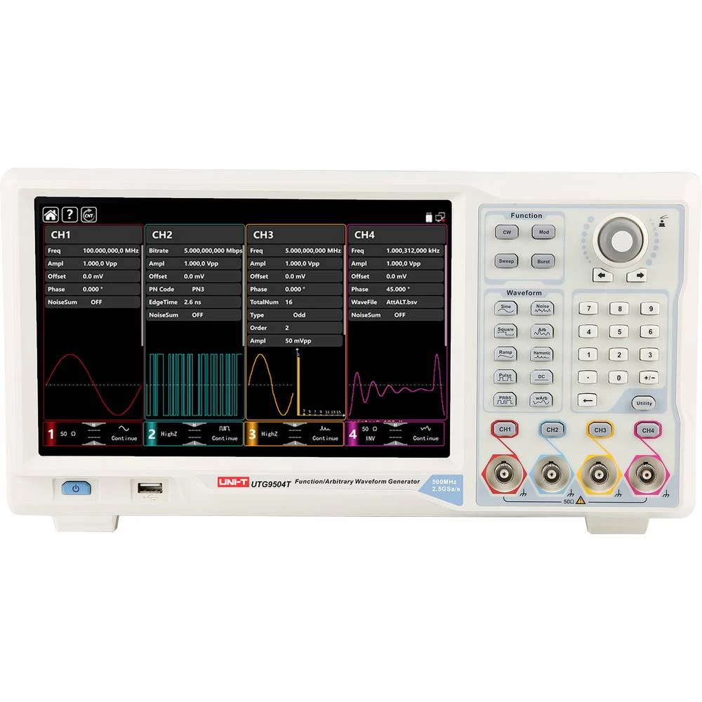 Uni-T UTG9504T funkcijski generator na struju 500 MHz (max) 4-kanalni proizvoljno, rampa, puls, sinusni val , buka, prav slika