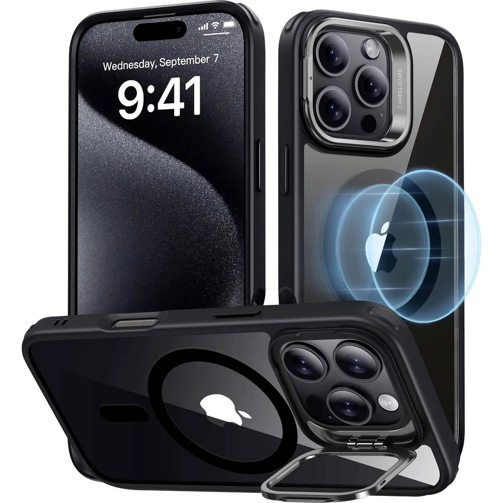 ESR Classic Hybrid HaloLock Case + Stash Stand stražnji poklopac za mobilni telefon Apple iPhone 16 Pro prozirna, crna M slika