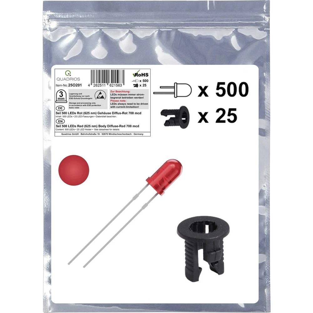 Quadrios 25O201 LED komplet crvena okrugli 3 mm 700 mcd 20 mA 2.0 V slika
