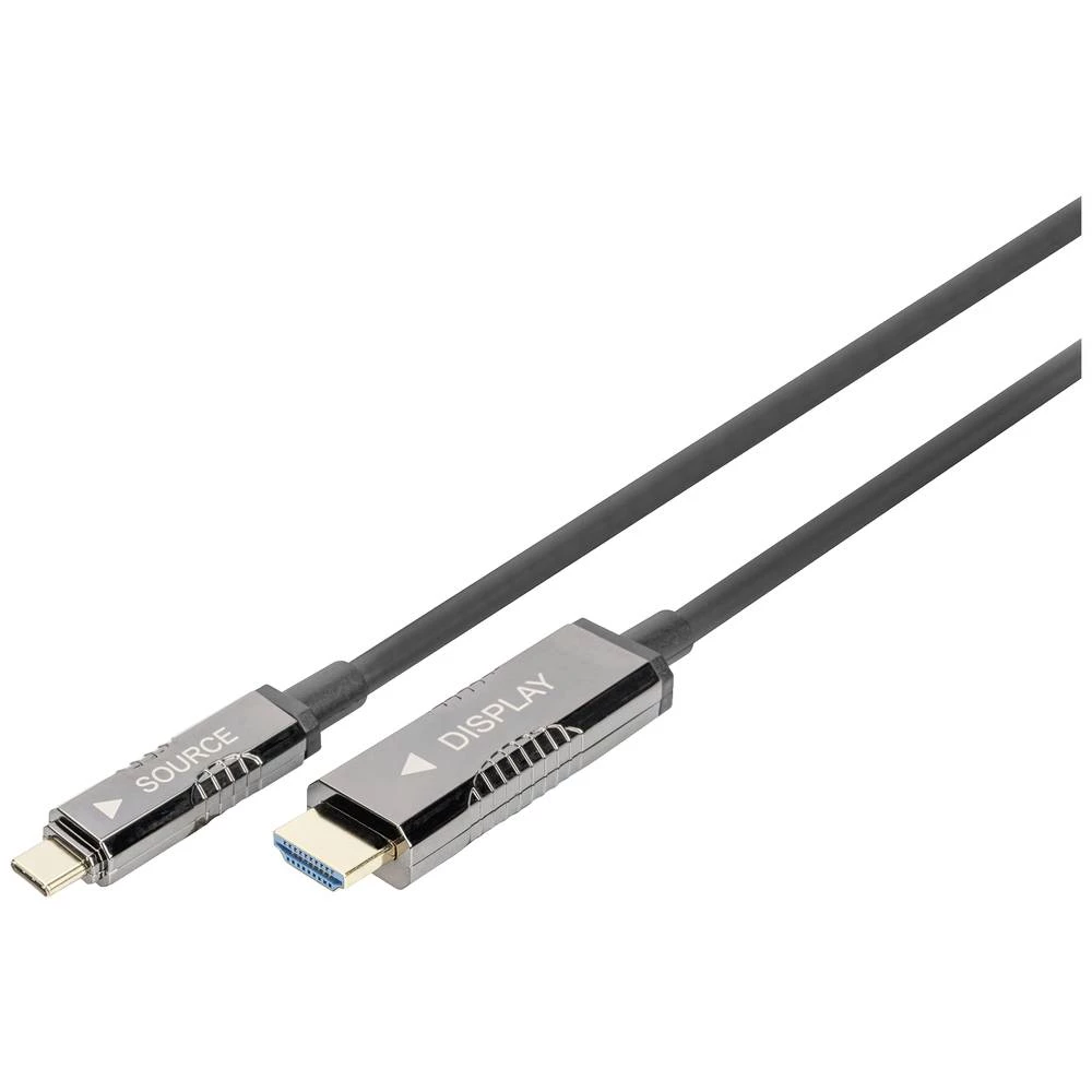 Digitus HDMI / USB-C® priključni kabel HDMI A utikač, USB-C® utikač 10 m crna AK-330150-100-S aluminijski utikač, fleksibilan, pletena zaštita, sveukupno zaštićen, sa zaštitom, podržava HDMI, high ... slika