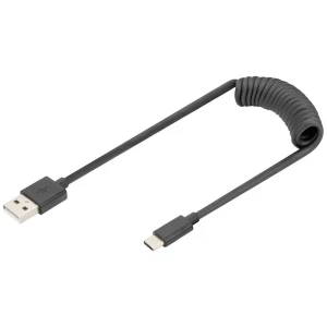 Digitus USB kabel USB 2.0 USB-A utikač, USB-C® utikač 1.00 m crna utikač primjenjiv s obje strane, dvostruko zaštićen, fleksibilan, spiralni kabel AK-300430-006-S slika