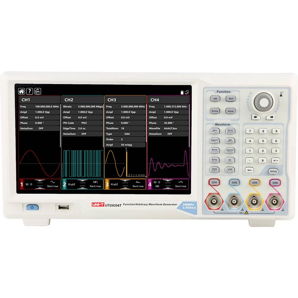 Uni-T UTG9354T funkcijski generator na struju 350 MHz (max) 4-kanalni proizvoljno, pravokutnik, puls, rampa, buka, sinus slika