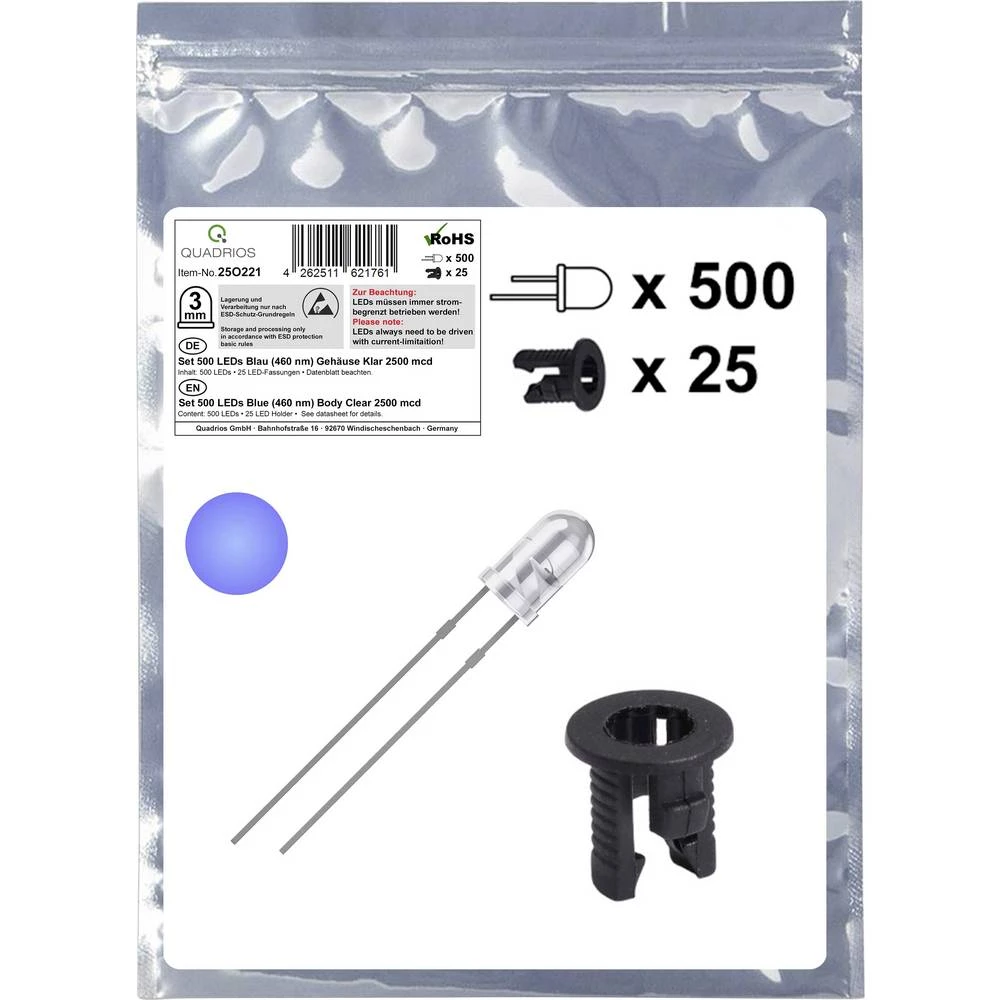 Quadrios 25O221 LED komplet plava boja okrugli 3 mm 2500 mcd 20 mA 3.0 V slika