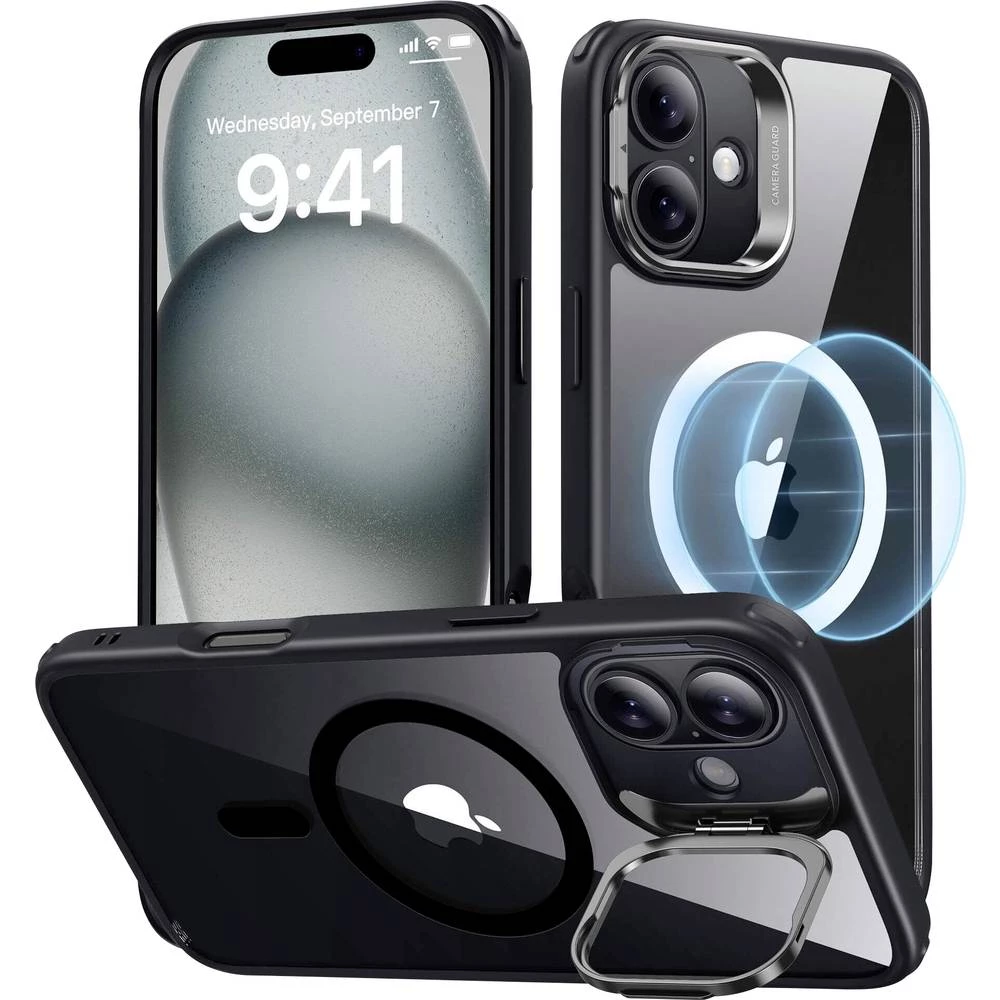 ESR Classic Hybrid HaloLock Case + Stash Stand stražnji poklopac za mobilni telefon Apple iPhone 16 prozirna, crna MagSa slika