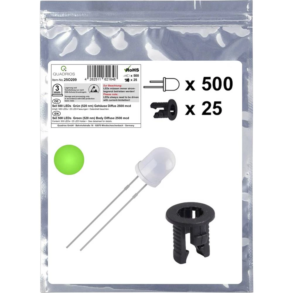 Quadrios 25O209 LED komplet zelena okrugli 3 mm 2500 mcd 20 mA 3.0 V slika