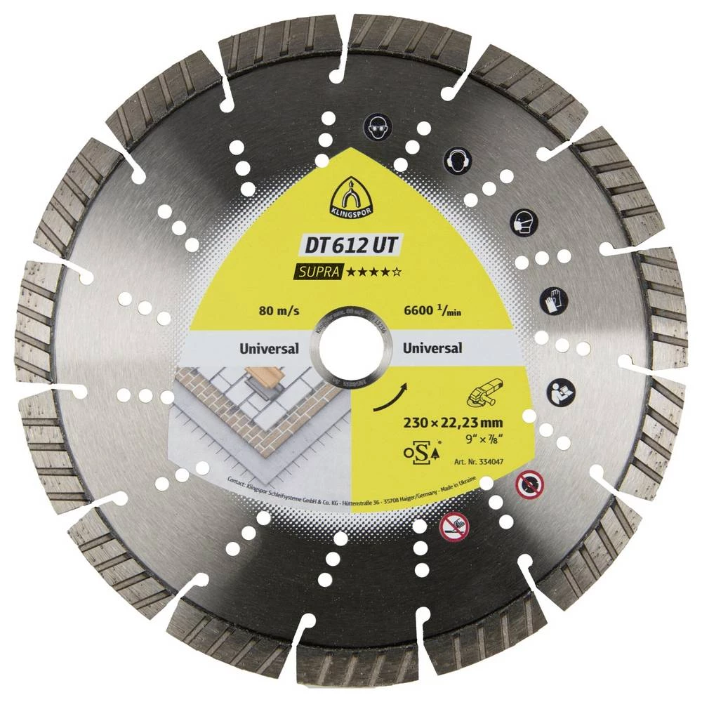 Klingspor 334047 DT 612 UT Supra dijamantna rezna ploča promjer 230 mm Promjer bušotine 22.23 mm građevinski materijali, slika