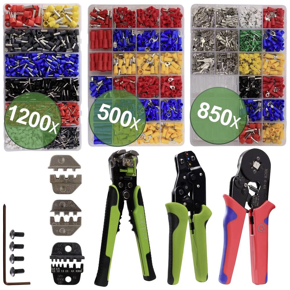 Alat za krimpovanje Q-1601-01 sa setom za pričvršćivanje, Q1301, alat za krimpovanje čaura, skidač žice, 1200 ferula, 1350 konektora za stezanje Quadrios 22T016 22T016 komplet kliješti za krimpanje... slika