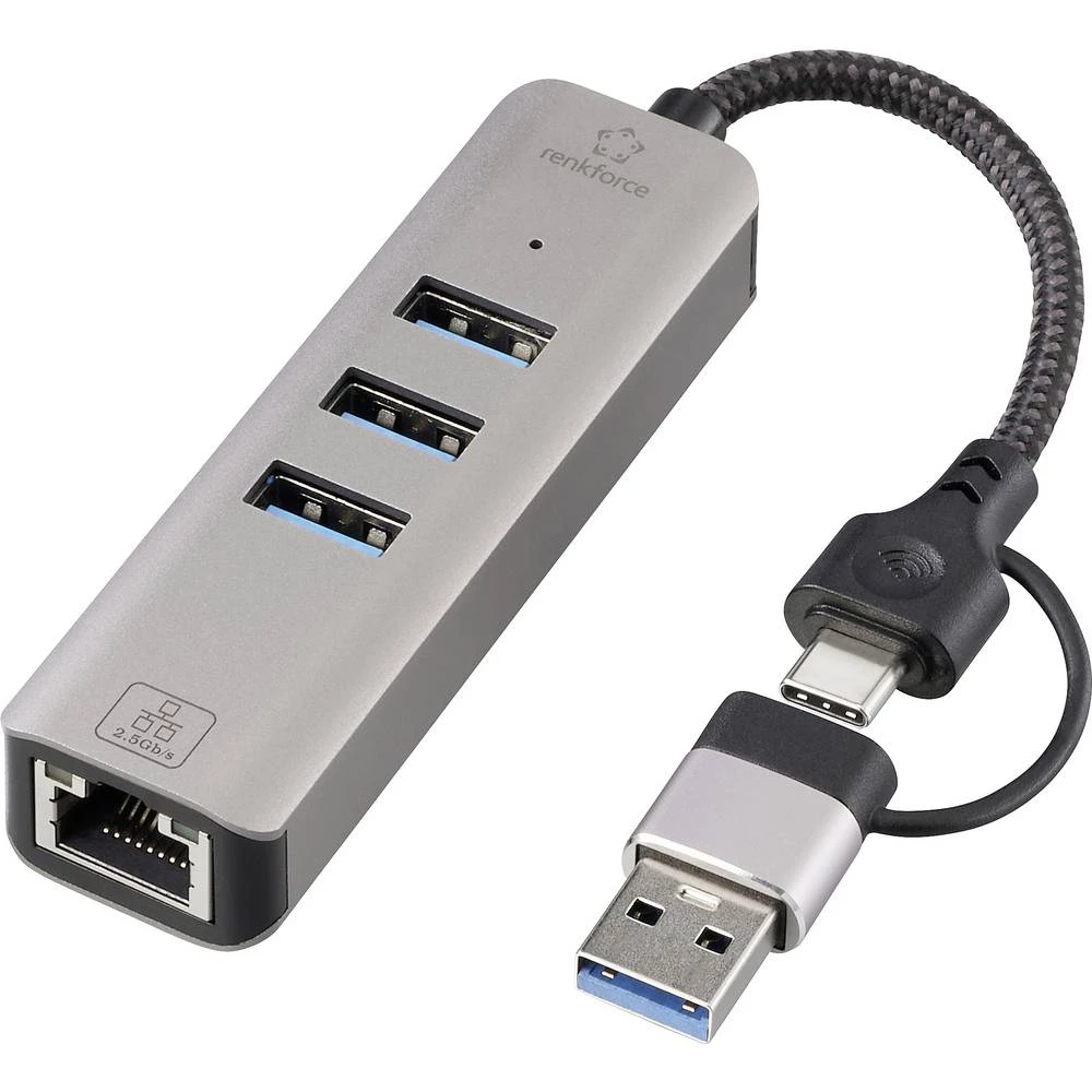 Renkforce RF-6856046 USB-Hub 3 vrata USB a, RJ45 USB 3.2 gen.1 5 GBit/s s ugrađenim mrežnim priključkom siva RF-EAWH-300 slika