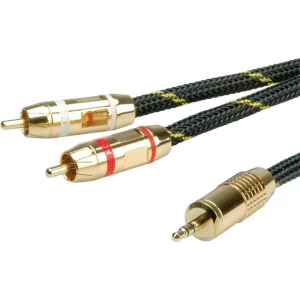 Roline 11.88.4276 utičnica audio priključni kabel [1x 3,5 mm banana utikač - 2x muški cinch konektor] 5.00 m crna/zlatna sa zaštitom slika