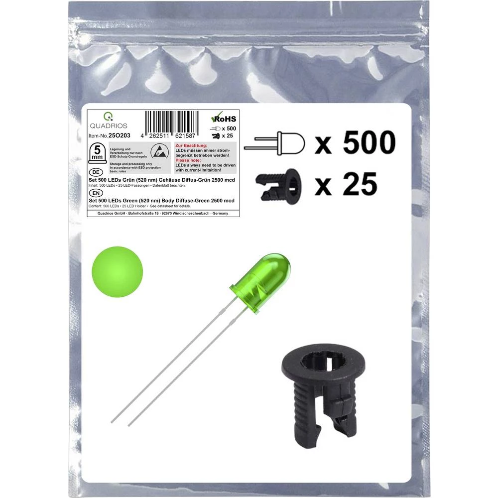Quadrios 25O203 LED komplet zelena okrugli 5 mm 2500 mcd 20 mA 3.0 V slika
