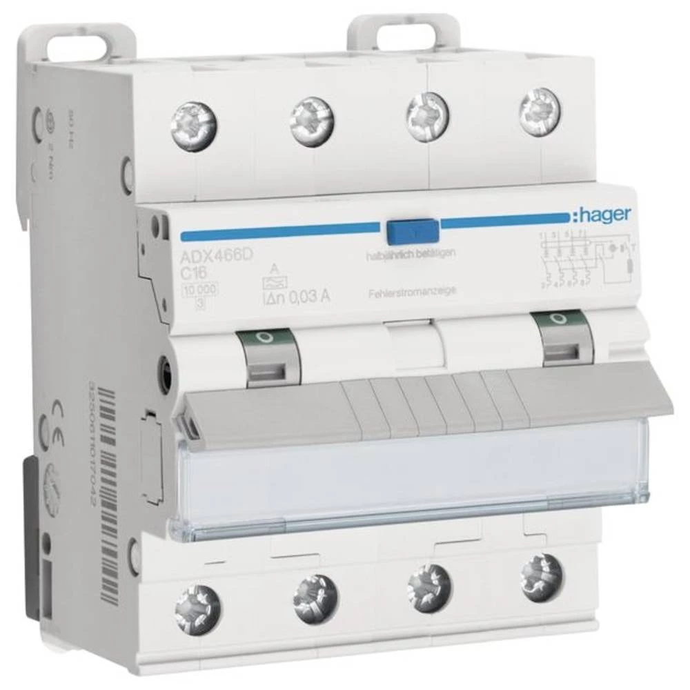 Hager ADX466D FID zaštitna sklopka/zaštitna sklopka za vodove 4-polni 16 A 0.03 A 400 V slika