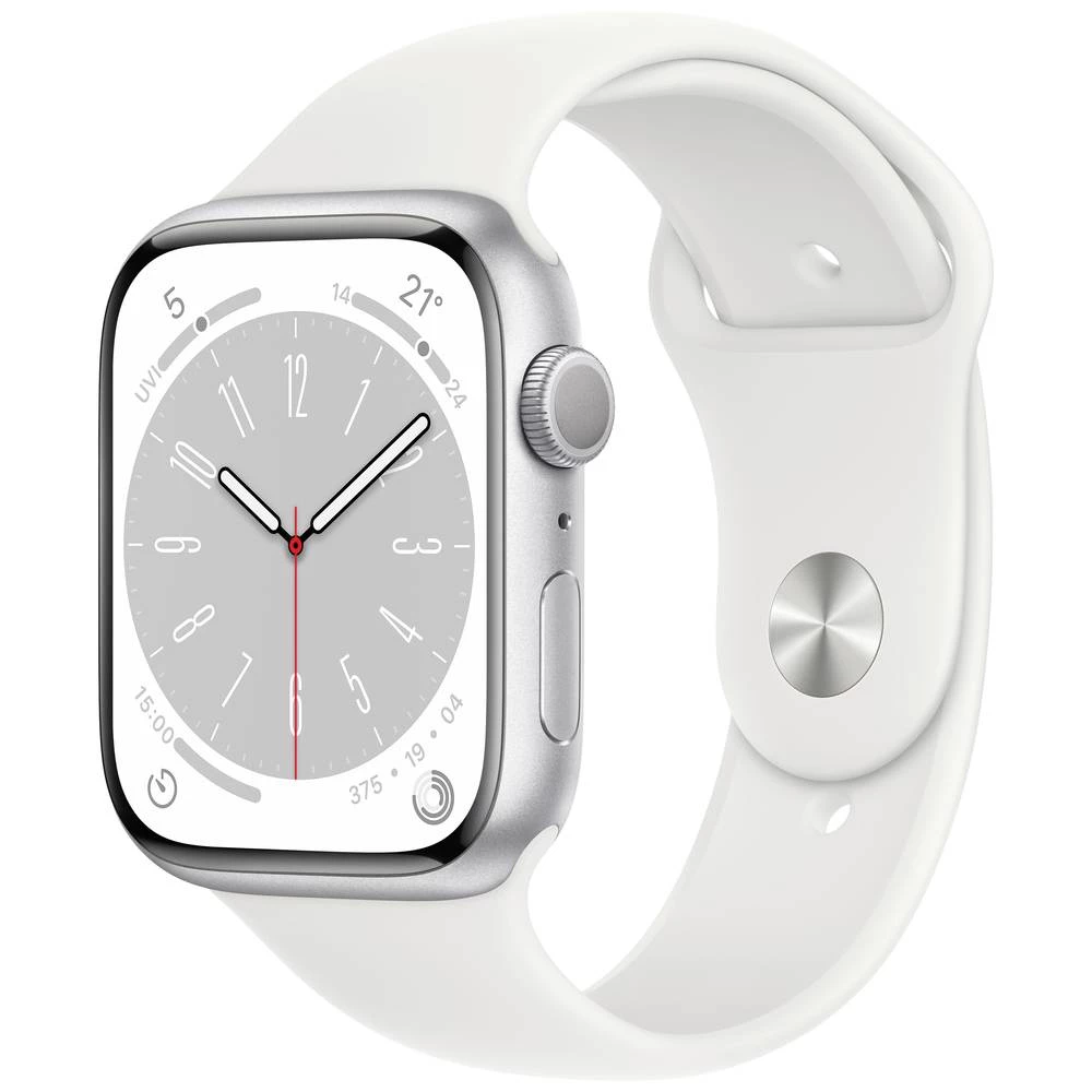 Apple Watch Series 8 GPS 45 mm srebrno aluminijsko kućište s bijelim sportskim remenčićem - regularno Apple Watch Series 8 GPS 45 mm kućište od aluminija srebrna sportska narukvica bijela slika