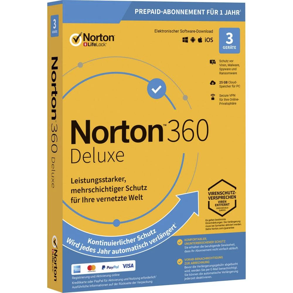 Norton Life Lock Norton™ 360 Deluxe 25GB GE 1 USER 3 DEVICE 12MO godišnja licenca, 3 licence Windows, mac os, android an slika